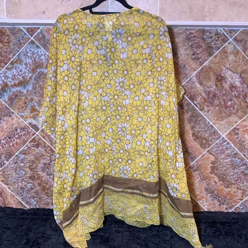 Women's Yellow Daisy Cotton Kaftan Swimsuit Cover Up & Matching Flip Flops NWT